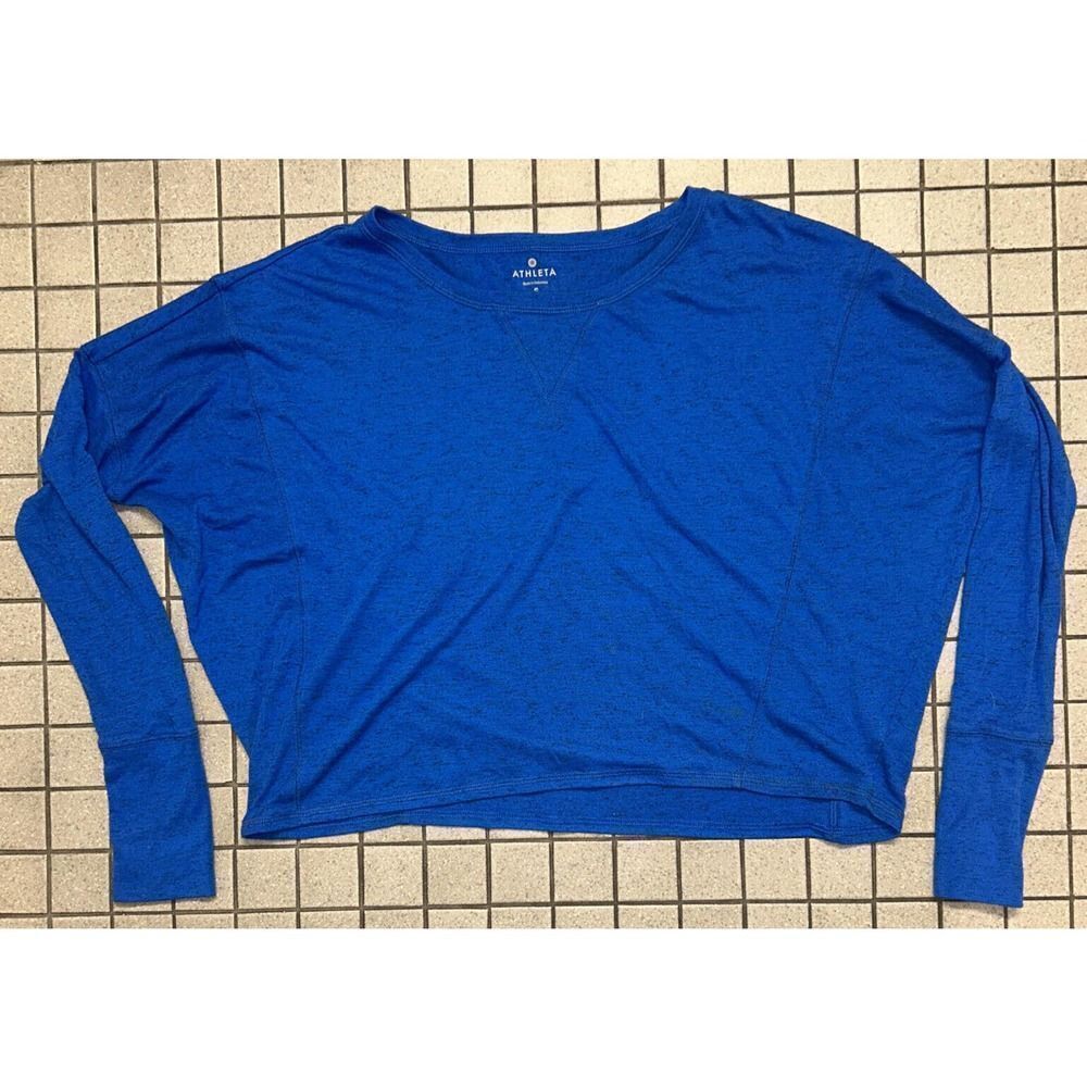 Athleta Heathered Blue Twill Crop Top Long Sleeves Thumbholes Size Small